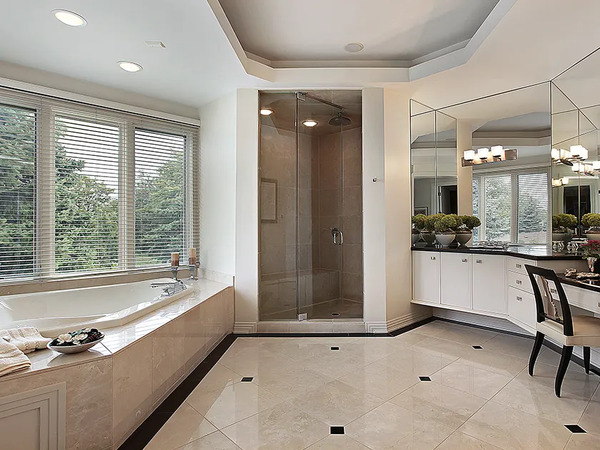 Bathroom with large square tile floors