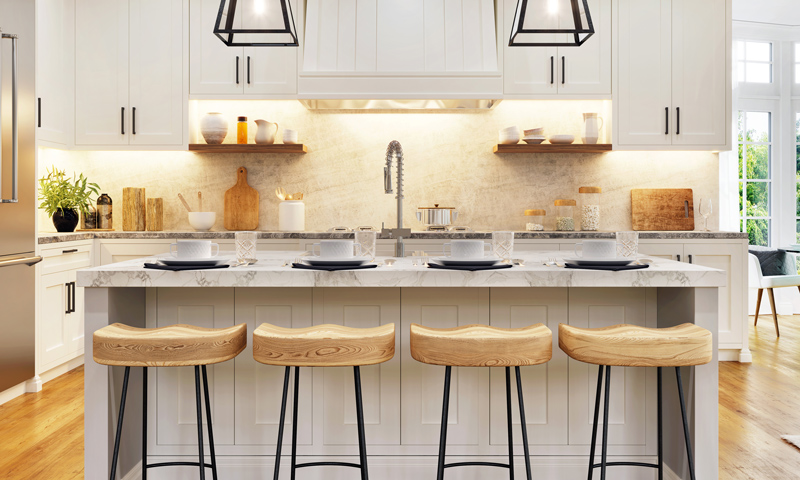 modern kitchen remodel with island and bar stools