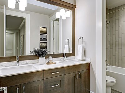 Large bathroom with double sinks and premium options