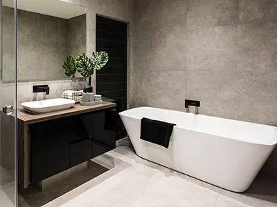 A white tub and a wooden vanity in a bath that appears to have cement on walls
