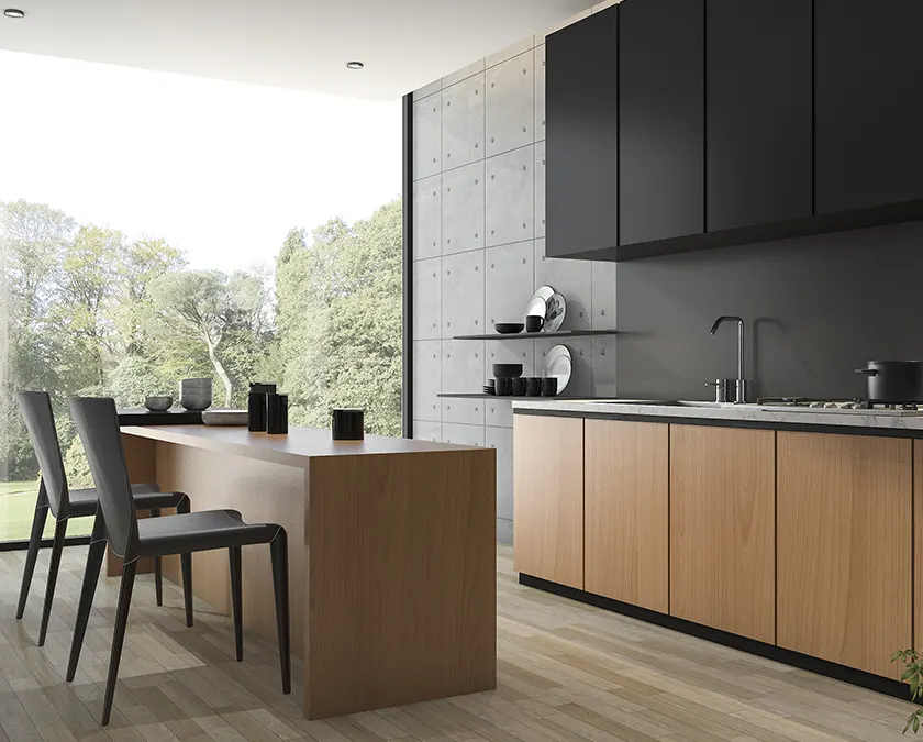 A modern kitchen with brown base cabinets and black upper cabinets with no visible hardware